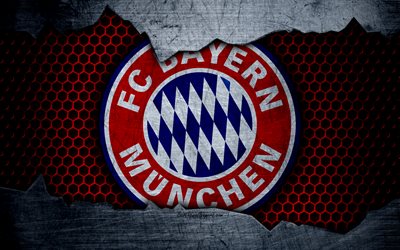 Bayern Munich, 4k, logo, metal background, soccer, Bundesliga, BVB, FC Bayern Munich, football