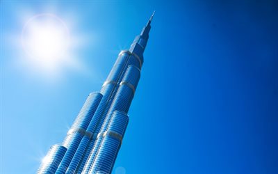 O Burj Khalifa, 4k, Dubai, EMIRADOS &#225;rabes unidos, arranha-c&#233;u, 828 metros, c&#233;u azul, sol, o mais alto edif&#237;cio do mundo