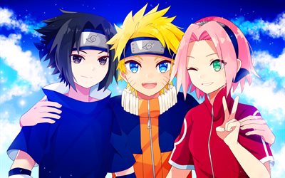Uchiha Sasuke, Naruto Uzumaki, Sakura Haruno, 4k, manga, Naruto
