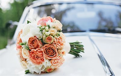 bouquet de mariage, 4k, orange, roses, pivoines, voiture de mariage, de roses, de mariage