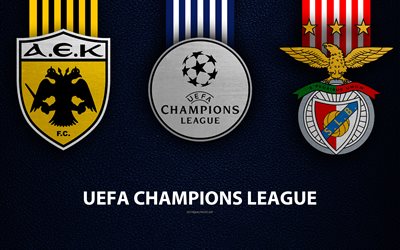 AEK FC vs Benfica SL, 4k, leather texture, logos, promo, UEFA Champions League, football game, AEK, football club logos, Europe