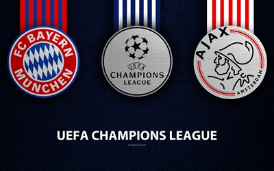 FC Bayern Munich vs Ajax FC, 4k, leather texture, logos, Group E, promo, UEFA Champions League, football game, football club logos, Europe