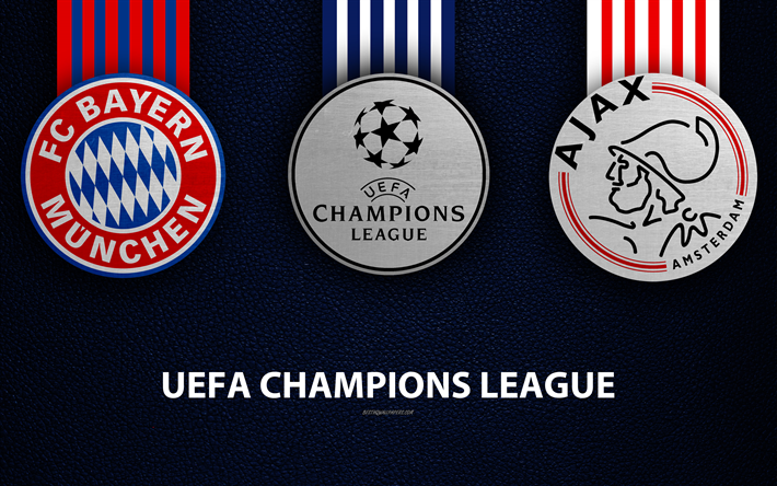 FC Bayern Munich vs Ajax FC, 4k, leather texture, logos, Group E, promo, UEFA Champions League, football game, football club logos, Europe