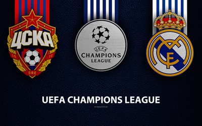 CSKA Moscow vs Real Madrid, 4k, leather texture, logos, Group G, promo, UEFA Champions League, football game, football club logos, Europe