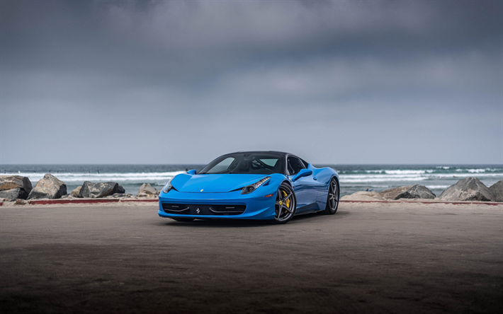 Ferrari 458 Italia, bleu coup&#233; sport, supercar, bleu 458 Italia, roues noires, des voitures de sport italiennes, Ferrari