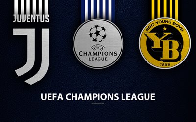 Juventus FC vs Young Boys, 4k, leather texture, logos, Group H, promo, UEFA Champions League, football game, football club logos, Europe, Juventus