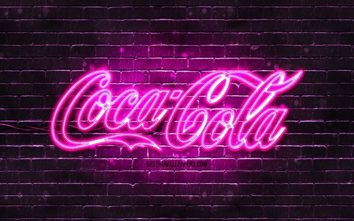 coca-cola lila logo, 4k, lila ziegelwand, coca-cola logo, marken, coca-cola neon logo, coca-cola