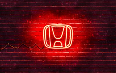 Honda red logo, 4k, red brickwall, Honda logo, cars brands, Honda neon logo, Honda