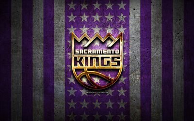 Sacramento Kings bandiera, NBA, sfondo in metallo bianco viola, club di basket americano, logo Sacramento Kings, Stati Uniti, basket, logo d&#39;oro, Sacramento Kings