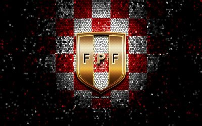 Peruvian football team, glitter logo, Conmebol, South America, red white checkered background, mosaic art, soccer, Peru National Football Team, FPF logo, football, Peru