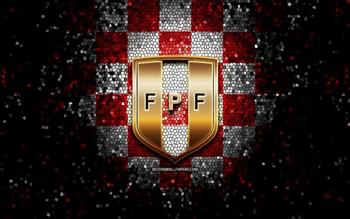 Equipo de f&#250;tbol peruano, logotipo de brillo, Conmebol, Am&#233;rica del Sur, fondo atado blanco rojo, arte mosaico, f&#250;tbol, Selecci&#243;n Nacional de F&#250;tbol de Per&#250;, logotipo de FPF, Per&#250;