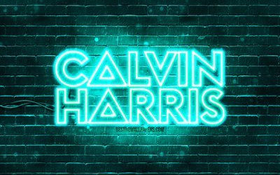 Logo turchese Calvin Harris, 4k, superstar, DJ scozzesi, brickwall turchese, logo Calvin Harris, Adam Richard Wiles, Calvin Harris, star della musica, logo al neon Calvin Harris