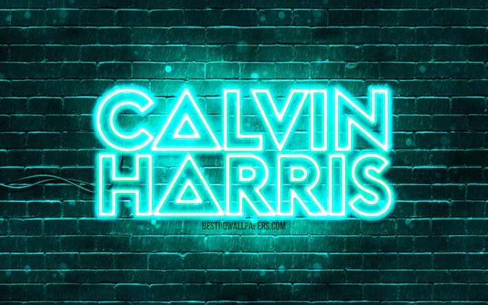 Calvin Harris logotipo turquesa, 4k, superstars, DJs escoceses, parede de tijolo turquesa, logotipo Calvin Harris, Adam Richard Wiles, Calvin Harris, estrelas da m&#250;sica, calvin harris logotipo neon