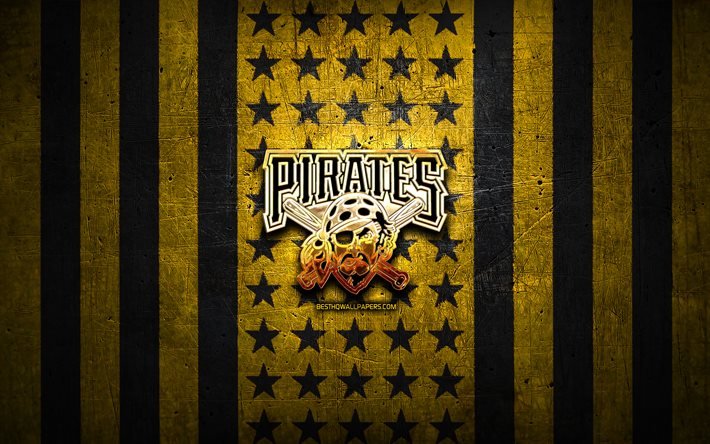 Pittsburgh Pirates lippu, MLB, keltainen black metal tausta, amerikkalainen baseball-joukkue, Pittsburgh Pirates logo, USA, baseball, Pittsburgh Pirates, kultainen logo