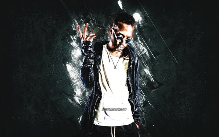 Lupe Fiasco, amerikansk rappare, Wasalu Muhammad Jaco, portr&#228;tt, gr&#229; sten bakgrund