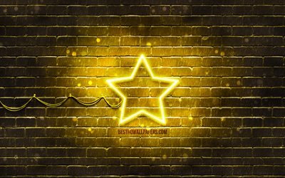 Star neon icon, 4k, yellow background, neon symbols, Star, creative, neon icons, Star sign, media signs, Star icon, media icons