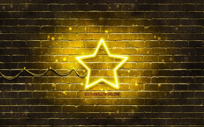 &#205;cone de neon estrela, 4k, fundo amarelo, s&#237;mbolos de neon, estrela, criativo, &#237;cones neon, sinal de estrela, sinais de m&#237;dia, &#237;cone da estrela, &#237;cones da m&#237;dia