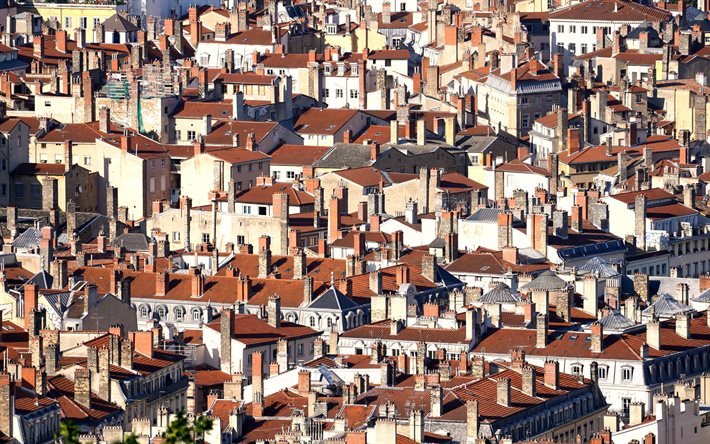 Lyon, casas, ma&#241;ana, tejados, paisaje urbano de Lyon, panorama, Francia