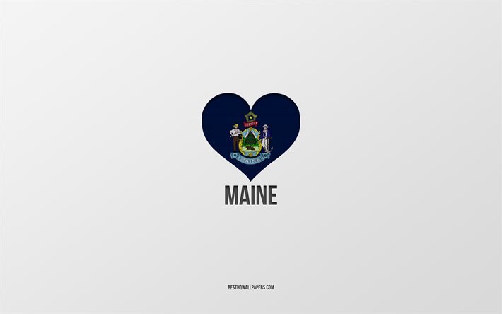 I Love Maine, American States, gray background, Maine State, USA, Maine flag heart, favorite cities, Love Maine