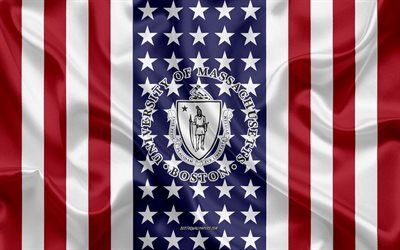Emblema de Boston de la Universidad de Massachusetts, Bandera Americana, Logotipo de la Universidad de Massachusetts Boston, Boston, Massachusetts, EE UU, Universidad de Massachusetts Boston