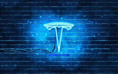 Tesla blue logo, 4k, blue brickwall, Tesla logo, cars brands, Tesla neon logo, Tesla