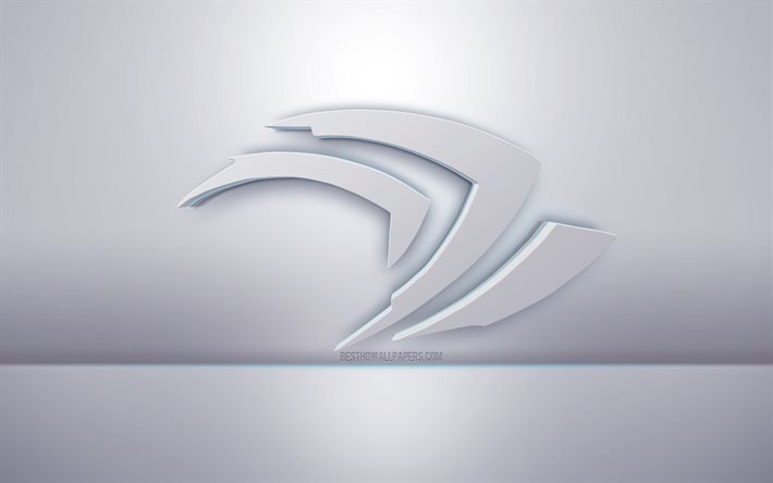 Nvidia 3d vit logotyp, gr&#229; bakgrund, Nvidia-logotyp, kreativ 3d-konst, Nvidia, 3d-emblem
