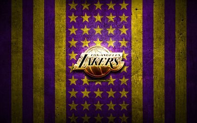 Bandiera dei Los Angeles Lakers, NBA, sfondo di metallo giallo viola, club di basket americano, logo dei Los Angeles Lakers, USA, basket, LA Lakers, logo dorato, Los Angeles Lakers