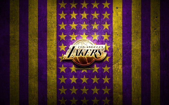 Los Angeles Lakers flag, NBA, violet yellow metal background, american basketball club, Los Angeles Lakers logo, USA, basketball, LA Lakers, golden logo, Los Angeles Lakers