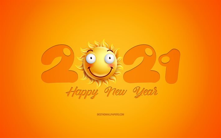 2021 Ano Novo, 3d sol emoticon, 2021 Sun background, 2021 conceitos, Feliz Ano Novo 2021, Amarelo 2021 background, criativo 2021 3d art