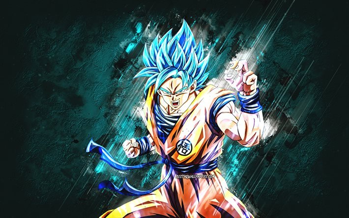 Son Goku, Dragon Ball, personnage principal, fond de pierre bleue, art cr&#233;atif, manga japonais