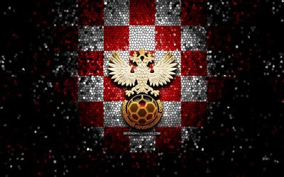 Squadra di calcio russa, logo glitter, UEFA, Europa, sfondo a scacchi bianco rosso, arte del mosaico, calcio, squadra nazionale di calcio russa, logo RFU, Russia