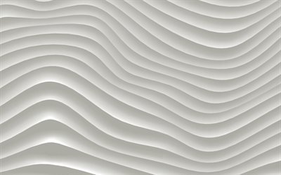 白い3D波, 4k, 波状の背景, 波のテクスチャ, 3Dテクスチャ, 波の背景, 白い背景, 3D波テクスチャ