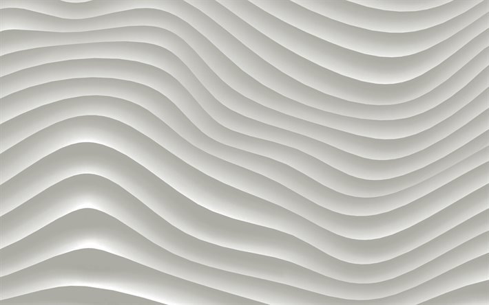 valkoiset 3D-aallot, 4k, aaltoilevat taustat, aaltorakenteet, 3D-tekstuurit, aallotettu tausta, valkoiset taustat, 3D-aaltorakenteet