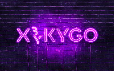 Kygo menekşe logosu, 4k, s&#252;per yıldızlar, Norve&#231;li DJ&#39;ler, menekşe brickwall, Kyrre Gorvell-Dahll, m&#252;zik yıldızları, Kygo neon logo, Kygo logosu, Kygo