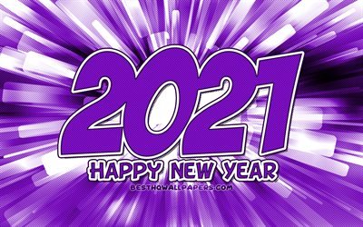 Happy New Year 2021, 4k, violet abstract rays, 2021 new year, 2021 violet digits, 2021 concepts, 2021 on violet background, 2021 year digits