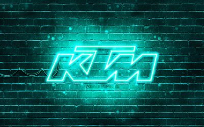 KTM turkuaz logo, 4k, turkuaz tuğla duvar, KTM logosu, motosiklet markaları, KTM neon logo, KTM