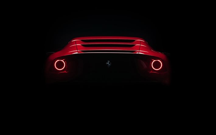 Ferrari Omologata, 2020, n&#228;kym&#228; takaa, ulkopuoli, punainen urheilukuppi, uusi punainen Omologata, italialaiset superautot, Ferrari