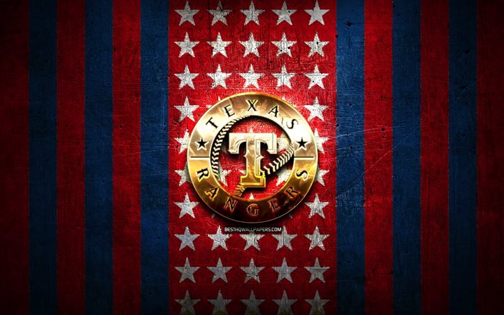 Bandeira do Texas Rangers, MLB, fundo de metal azul vermelho, time americano de beisebol, logotipo do Texas Rangers, EUA, beisebol, Texas Rangers, logotipo dourado