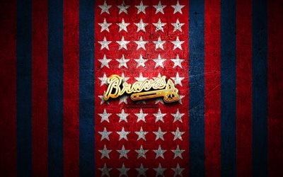 Atlanta Braves bayrağı, MLB, kırmızı mavi metal arka plan, amerikan beyzbol takımı, Atlanta Braves logosu, ABD, beyzbol, Atlanta Braves, altın logo
