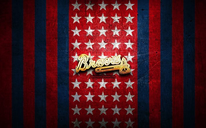 Atlanta Braves flag, MLB, red blue metal background, american baseball team, Atlanta Braves logo, USA, baseball, Atlanta Braves, golden logo