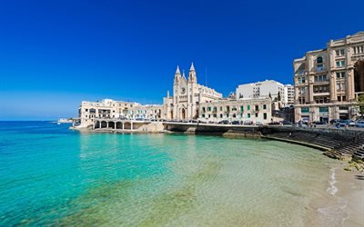 Balluta Bay, baia, mattina, punto di riferimento, cattedrale, Malta, Mar Mediterraneo