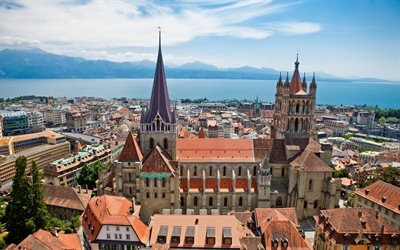 Lausanne Cathedral, Cathedral of Notre Dame of Lausanne, cathedral, summer, Lausanne cityscape, panorama, Lausanne, Switzerland