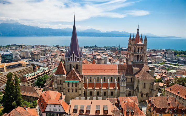 Lausanne Cathedral, Cathedral of Notre Dame of Lausanne, Cathedral, sommar, Lausanne stadsbild, panorama, Lausanne, Schweiz