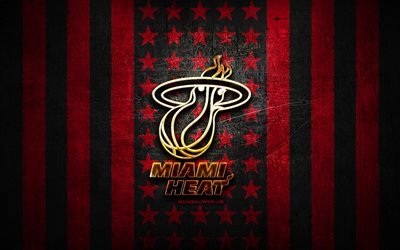 Miami Heat flagga, NBA, r&#246;d black metal bakgrund, amerikansk basketklubb, Miami Heat logotyp, USA, basket, gyllene logotyp, Miami Heat