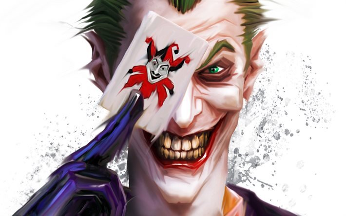 4k, Joker med kort, vit bakgrund, superskurk, art, Joker, spelkort, konstverk, Joker 4K