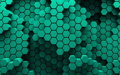 turquoise hexagons, 4k, 3D art, creative, honeycomb, hexagons patterns, turquoise hexagons background, hexagons textures, turquoise backgrounds, hexagons texture
