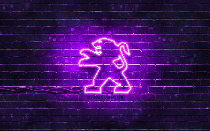 peugeot violett logo, 4k, violette ziegelwand, peugeot logo, automarken, peugeot neon logo, peugeot