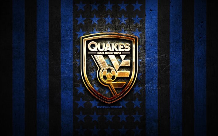 San Jose Earthquakes flag, MLS, blue black metal background, american soccer club, San Jose Earthquakes logo, USA, soccer, San Jose Earthquakes FC, golden logo