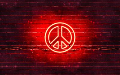 Peace red sign, 4k, red brickwall, Peace symbol, creative, Peace neon sign, Peace sign, Peace