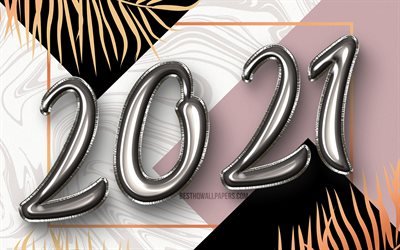 4k, Happy New Year 2021, gray balloons digits, 2021 gray digits, 2021 concepts, 2021 new year, 2021 on colorful background, 2021 year digits